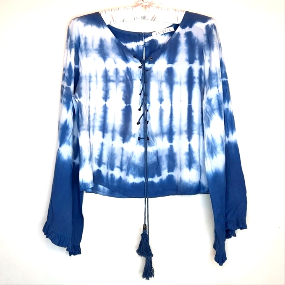 EXIST Blue Tie Dye Lace-Up Bell Sleeve Top